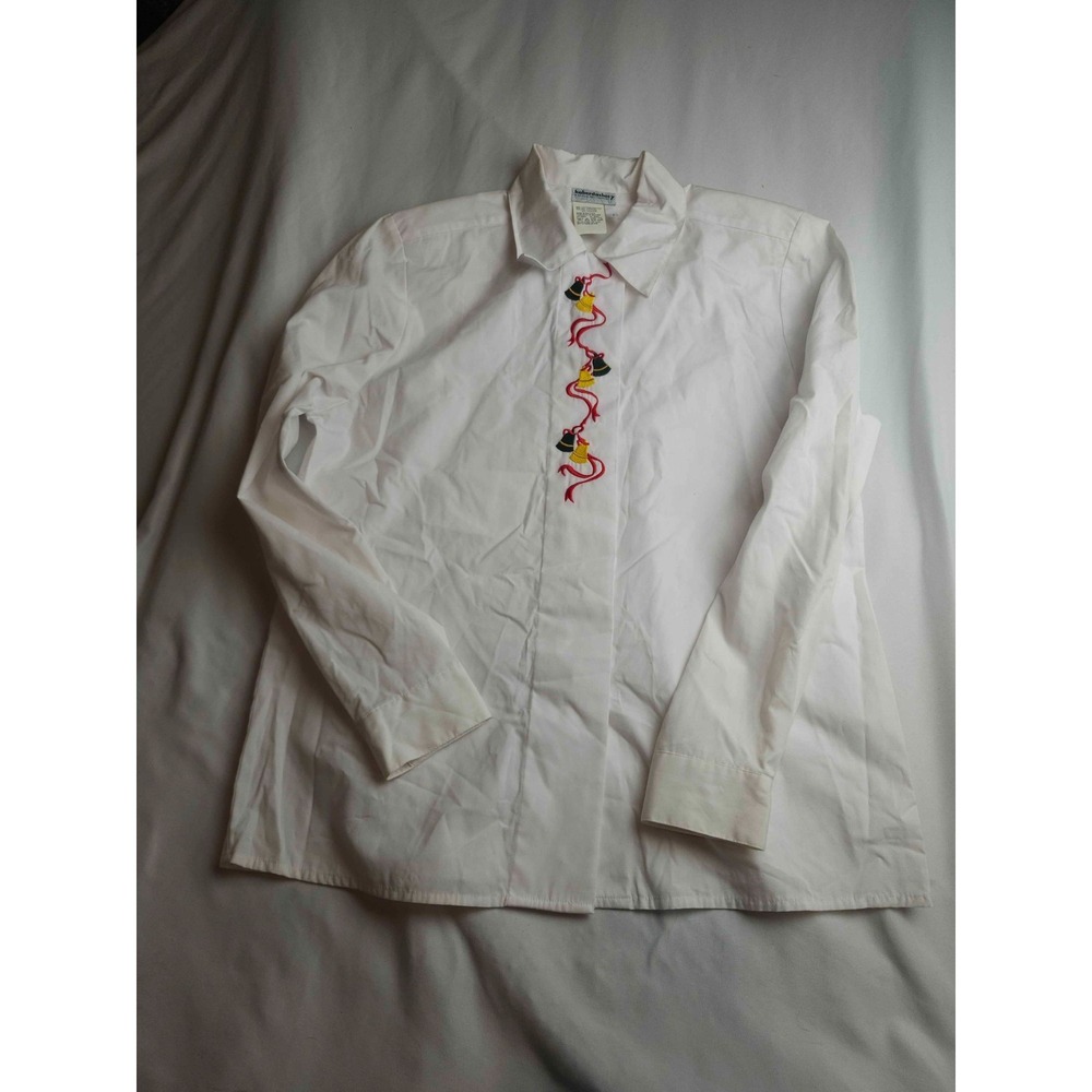 Haberdashery Blouse Womens Size 12 White Woven Christmas Bells Holiday Button Up